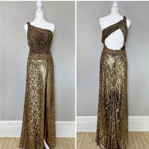 Riva Designs Elegant Leopard Print Beige Gown